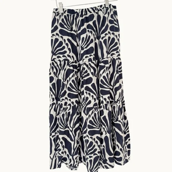 Christian Siriano Tiered Linen Blend Midi Skirt S Natural Navy Botanical Print - Picture 3 of 10